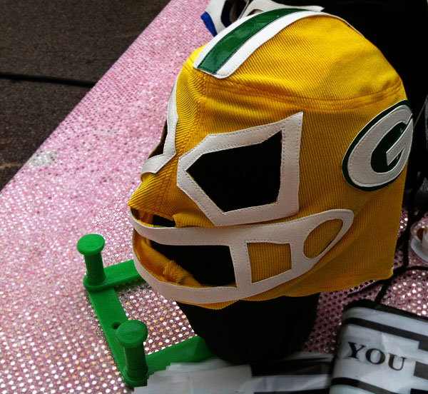 I stopped to take this photo of the Green Bay Packers Mexican wrestling mask 